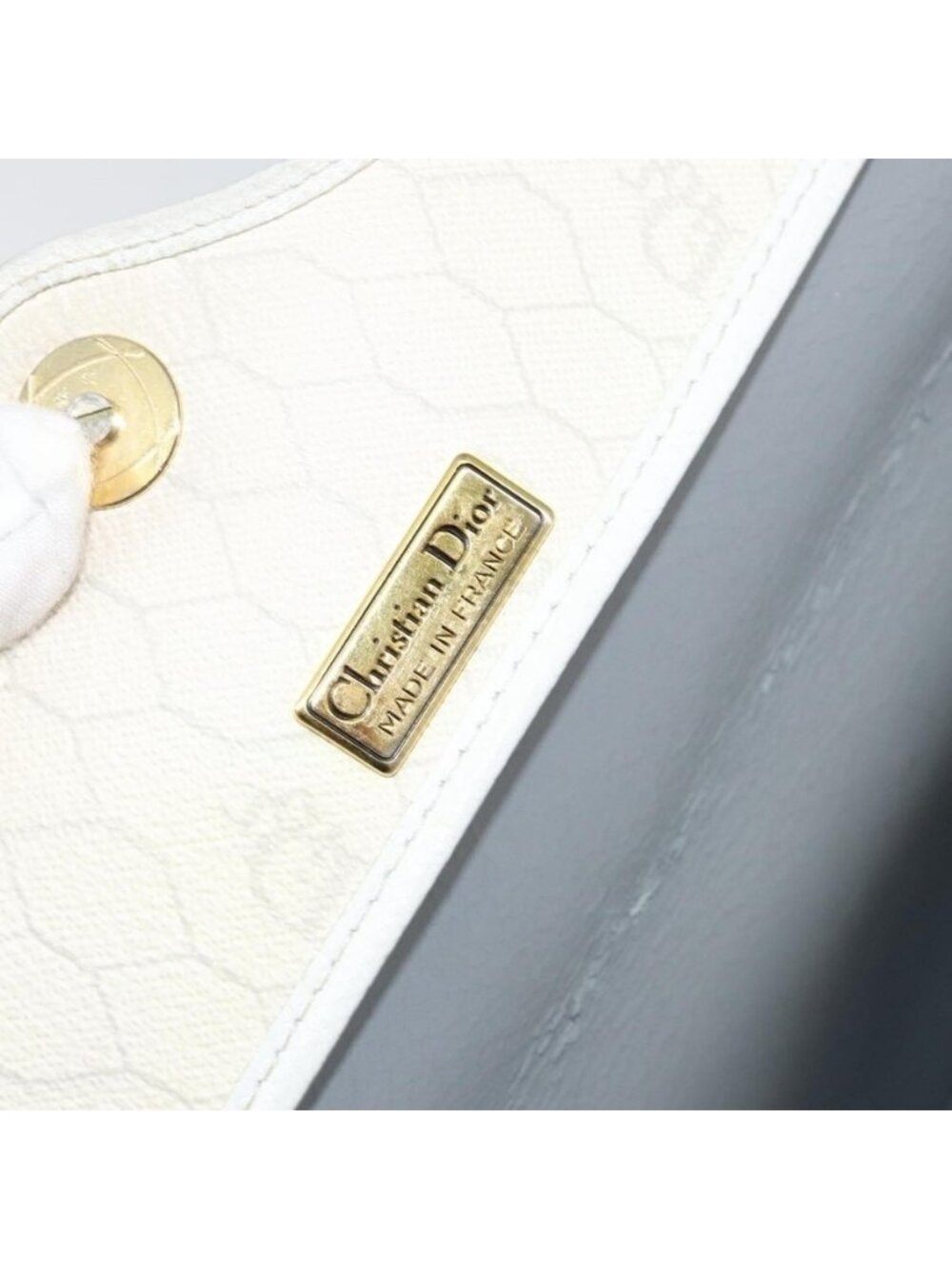Authentic Christian Dior Honeycomb Canvas Chain Shoulder Bag PVC White Gold - Picture 8 of 16